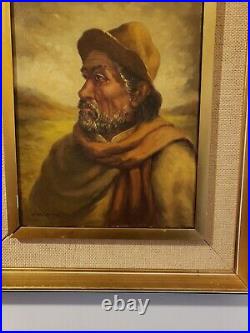 Vintage Antique Oil On Canvas Painting Spanish Man With Hat In the Desert Signed