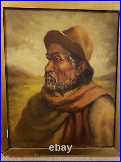 Vintage Antique Oil On Canvas Painting Spanish Man With Hat In the Desert Signed