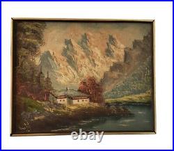 Vintage Antique Original Oil Painting Landscape Mountains Alps Cabin Signed
