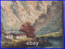 Vintage Antique Original Oil Painting Landscape Mountains Alps Cabin Signed