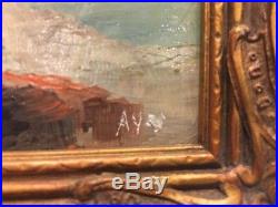 Vintage Antique Original Oil Painting MINIATURE Signed AY 5x4 Cliff, Tree