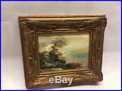 Vintage Antique Original Oil Painting MINIATURE Signed AY 5x4 Cliff, Tree
