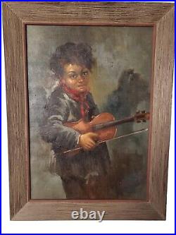 Vintage Antique Painting Large Oil On Canvas Child Playing Guitar Signed Framed