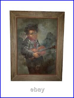 Vintage Antique Painting Large Oil On Canvas Child Playing Guitar Signed Framed