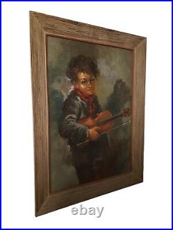 Vintage Antique Painting Large Oil On Canvas Child Playing Guitar Signed Framed