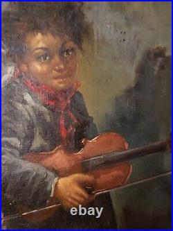 Vintage Antique Painting Large Oil On Canvas Child Playing Guitar Signed Framed