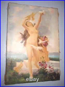 Vintage Antique Painting Nude Flapper circa 1920 Woman Oil on canvas Signed