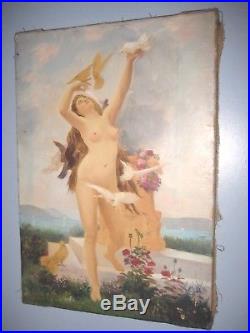 Vintage Antique Painting Nude Flapper circa 1920 Woman Oil on canvas Signed