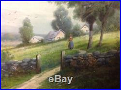 Vintage Antique Signed Pastel Painting Landscape Woman Stone Wall House Trees