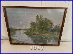 Vintage Antique Signed Watercolor Painting Landscape Scene Serene Water