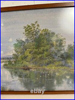 Vintage Antique Signed Watercolor Painting Landscape Scene Serene Water