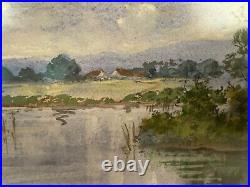 Vintage Antique Signed Watercolor Painting Landscape Scene Serene Water