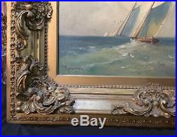 Vintage Antique Victorian Nautical Sailing Seascape Oil Painting On Canvas