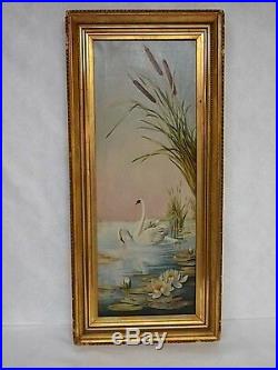 Vintage Antique Victorian Oil Painting Of Swans On A Pond