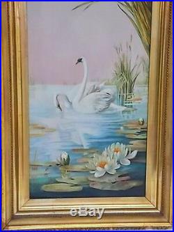 Vintage Antique Victorian Oil Painting Of Swans On A Pond