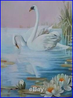 Vintage Antique Victorian Oil Painting Of Swans On A Pond