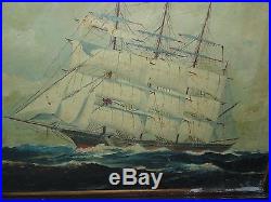 Vintage Antique signed T Bailey Nautical Boston Clipper Ship Oil Canvas Painting