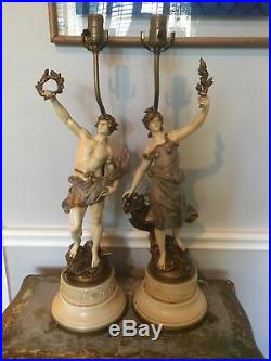 Vintage Art Nouveau Signed Louis Moreau Painted Figural Metal Pair Lamps