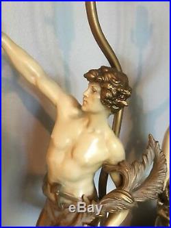 Vintage Art Nouveau Signed Louis Moreau Painted Figural Metal Pair Lamps