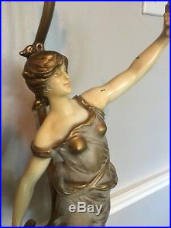 Vintage Art Nouveau Signed Louis Moreau Painted Figural Metal Pair Lamps