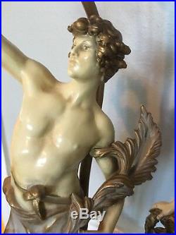 Vintage Art Nouveau Signed Louis Moreau Painted Figural Metal Pair Lamps