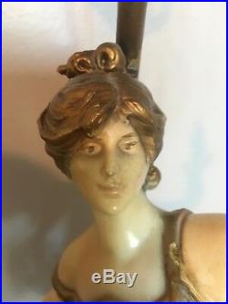 Vintage Art Nouveau Signed Louis Moreau Painted Figural Metal Pair Lamps