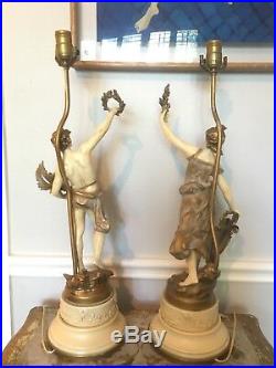 Vintage Art Nouveau Signed Louis Moreau Painted Figural Metal Pair Lamps