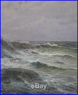 Vintage Artist Signed Realist Seascape Waves Maritime Oil Painting with Orig Frame
