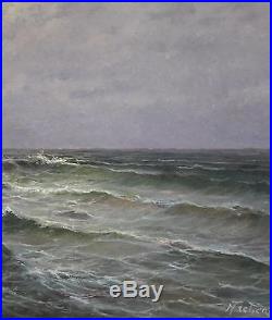 Vintage Artist Signed Realist Seascape Waves Maritime Oil Painting with Orig Frame
