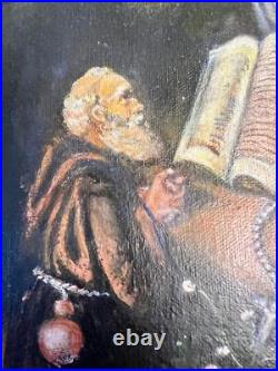 Vintage Artist Signed Religious Monk Man Portrait Christian Art on Canvas