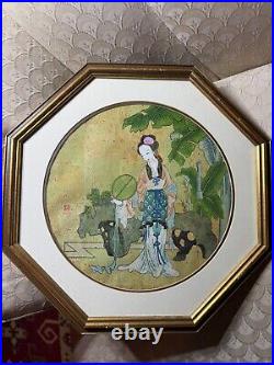 Vintage Asian Female In Landscape Scene Mixed Media Painting Signed/Framed