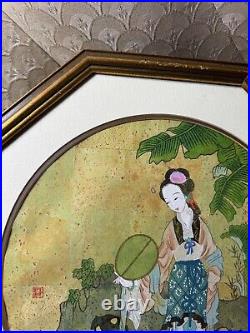 Vintage Asian Female In Landscape Scene Mixed Media Painting Signed/Framed
