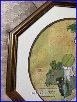 Vintage Asian Female In Landscape Scene Mixed Media Painting Signed/Framed
