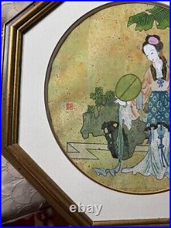 Vintage Asian Female In Landscape Scene Mixed Media Painting Signed/Framed