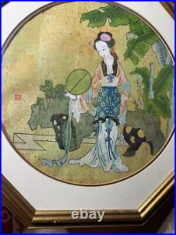 Vintage Asian Female In Landscape Scene Mixed Media Painting Signed/Framed