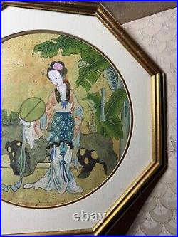 Vintage Asian Female In Landscape Scene Mixed Media Painting Signed/Framed