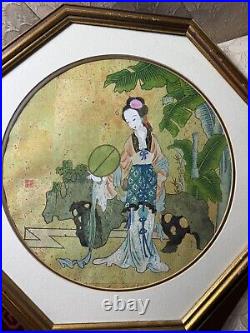 Vintage Asian Female In Landscape Scene Mixed Media Painting Signed/Framed