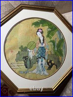 Vintage Asian Female In Landscape Scene Mixed Media Painting Signed/Framed
