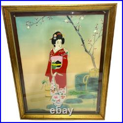 Vintage Asian Japanese Gorgeous Framed Geisha Painting Art Signed Silk