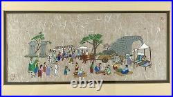 Vintage Asian Village Market Rural Farmers Signed Original Art on Washi Paper