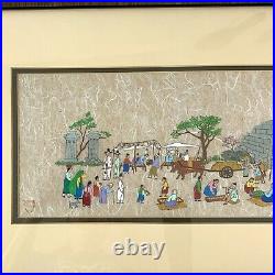 Vintage Asian Village Market Rural Farmers Signed Original Art on Washi Paper