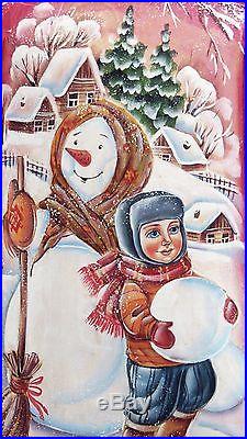 Vintage Authentic Russian Wooden Fedoskino Style Painting Santa 12 Signed 90-s