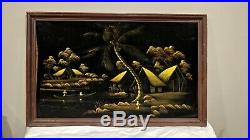 Vintage BLACK VELVET Moonlight Tiki PAINTING Signed 22 x 36 Framed CHANG