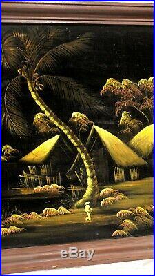 Vintage BLACK VELVET Moonlight Tiki PAINTING Signed 22 x 36 Framed CHANG