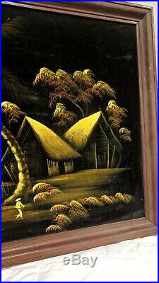 Vintage BLACK VELVET Moonlight Tiki PAINTING Signed 22 x 36 Framed CHANG