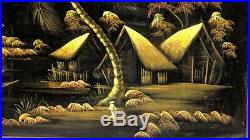 Vintage BLACK VELVET Moonlight Tiki PAINTING Signed 22 x 36 Framed CHANG