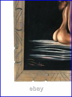 Vintage BLACK VELVET PAINTING nude woman risque wall art mid century modern 70s