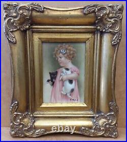 Vintage BLONDE GIRL WTH KITTEN & PUPPY oil painting framed signed J. MICHAEL