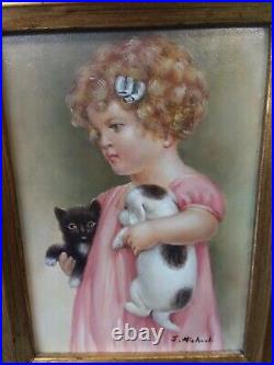 Vintage BLONDE GIRL WTH KITTEN & PUPPY oil painting framed signed J. MICHAEL