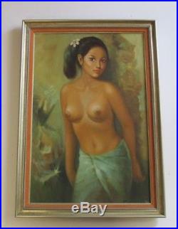 Vintage Bali Painting Nude Female Young Woman Model 1970 Island Tropical Signed